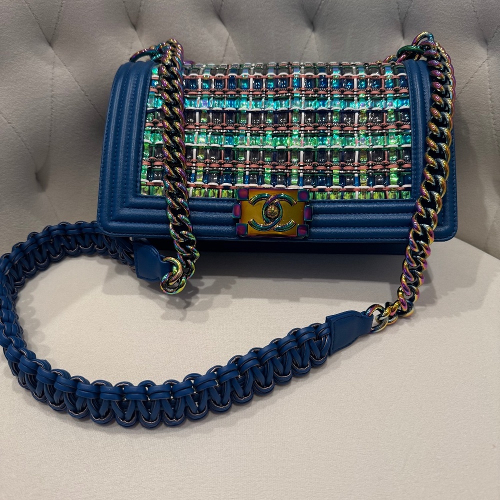 Chanel Medium Boy Flap Bag - Holographic Woven Blue Lamb/Multicolored PVC